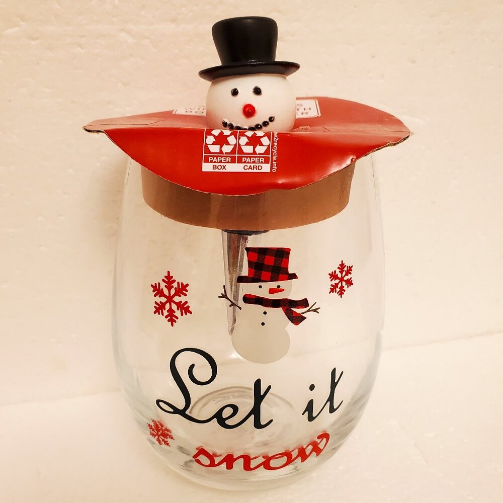 NWT Holiday Time 19oz Stemless "Let It Snow" Wine Glass w/Snowman Bottle Stopper